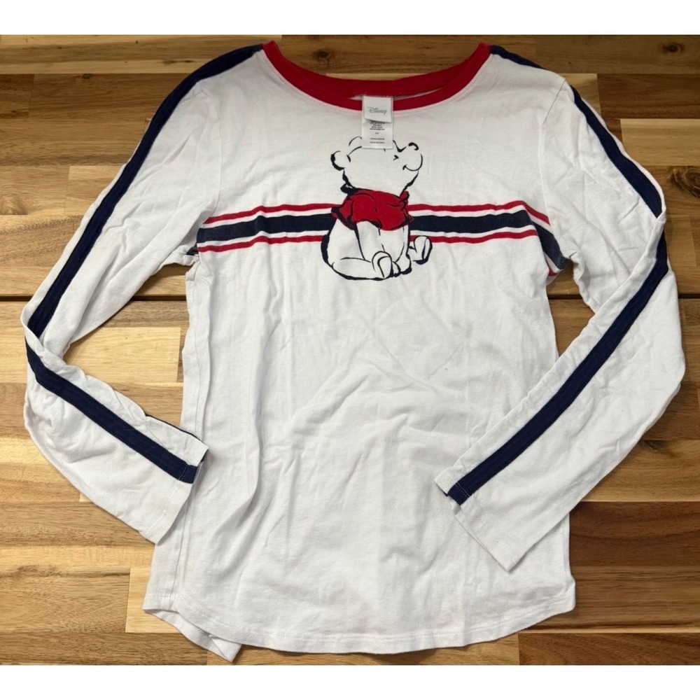 Disney Winnie the Pooh Long Sleeve‎ Graphic Tee White Red Navy Blue Striped S